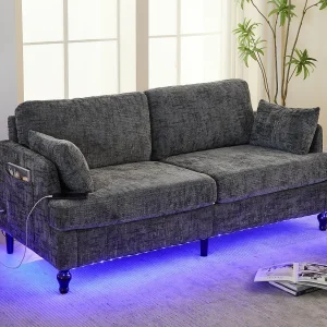 2-zits chenillebank – met LED's, USB-poorten – dubbele zitting en hoge rugleuning – Ideaal voor woonkamer of klein kantoor 2-zits chenillebank – met LED's, USB-poorten – dubbele zitting en hoge rugleuning – Ideaal voor woonkamer of klein kantoor