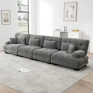 Bank 4-zits chenille stof grijs – met 6 kussens – massief houten frame – 406x77x81cm Bank 4-zits chenille stof grijs – met 6 kussens – massief houten frame – 406x77x81cm