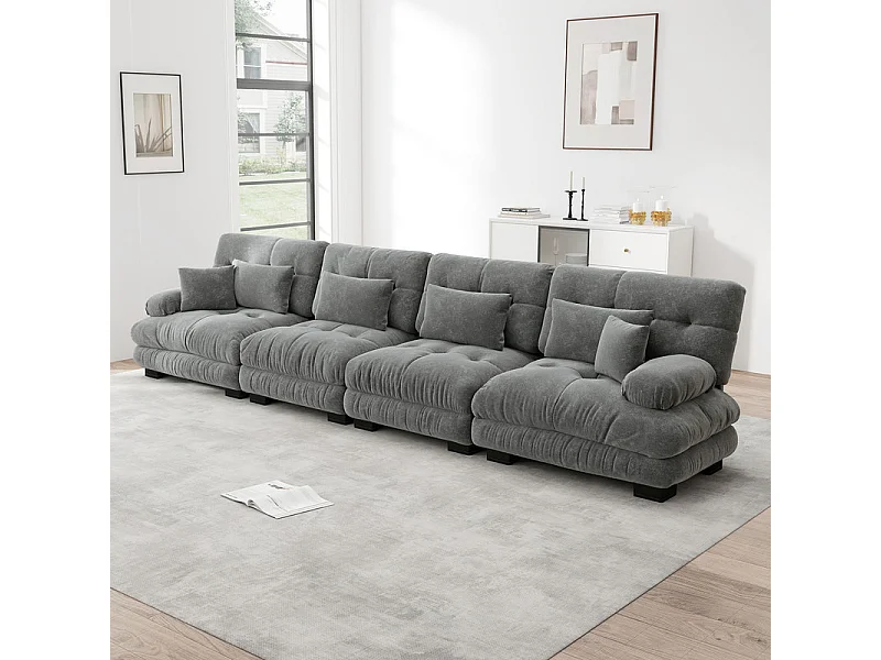 Bank 4-zits chenille stof grijs - met 6 kussens - massief houten frame - 406x77x81cm