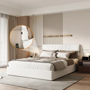 160×200 cm wandbed met verstelbaar hoofdeinde, USB-C & USB-poorten, geïntegreerde opbergruimte – Gebroken witte teddystof 160×200 cm wandbed met verstelbaar hoofdeinde, USB-C & USB-poorten, geïntegreerde opbergruimte – Gebroken witte teddystof