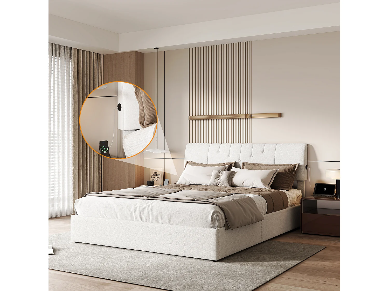160x200 cm wandbed met verstelbaar hoofdeinde, USB-C & USB-poorten, geïntegreerde opbergruimte – Gebroken witte teddystof