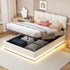 140×190 cm fluwelen opbergbed met hoofdbord, geïntegreerde opbergruimte, lattenbodem, hydraulisch openingsmechanisme en LED-verlichting 140×190 cm fluwelen opbergbed met hoofdbord, geïntegreerde opbergruimte, lattenbodem, hydraulisch openingsmechanisme en LED-verlichting