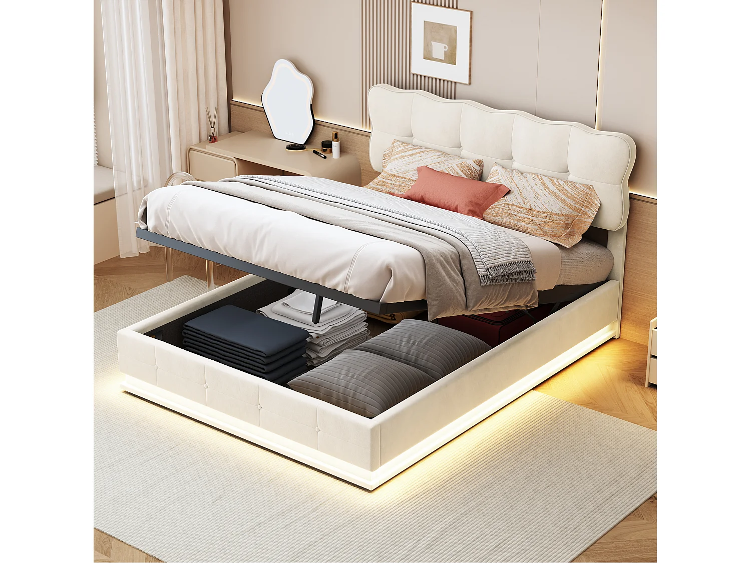 140×190 cm fluwelen opbergbed met hoofdbord, geïntegreerde opbergruimte, lattenbodem, hydraulisch openingsmechanisme en LED-verlichting