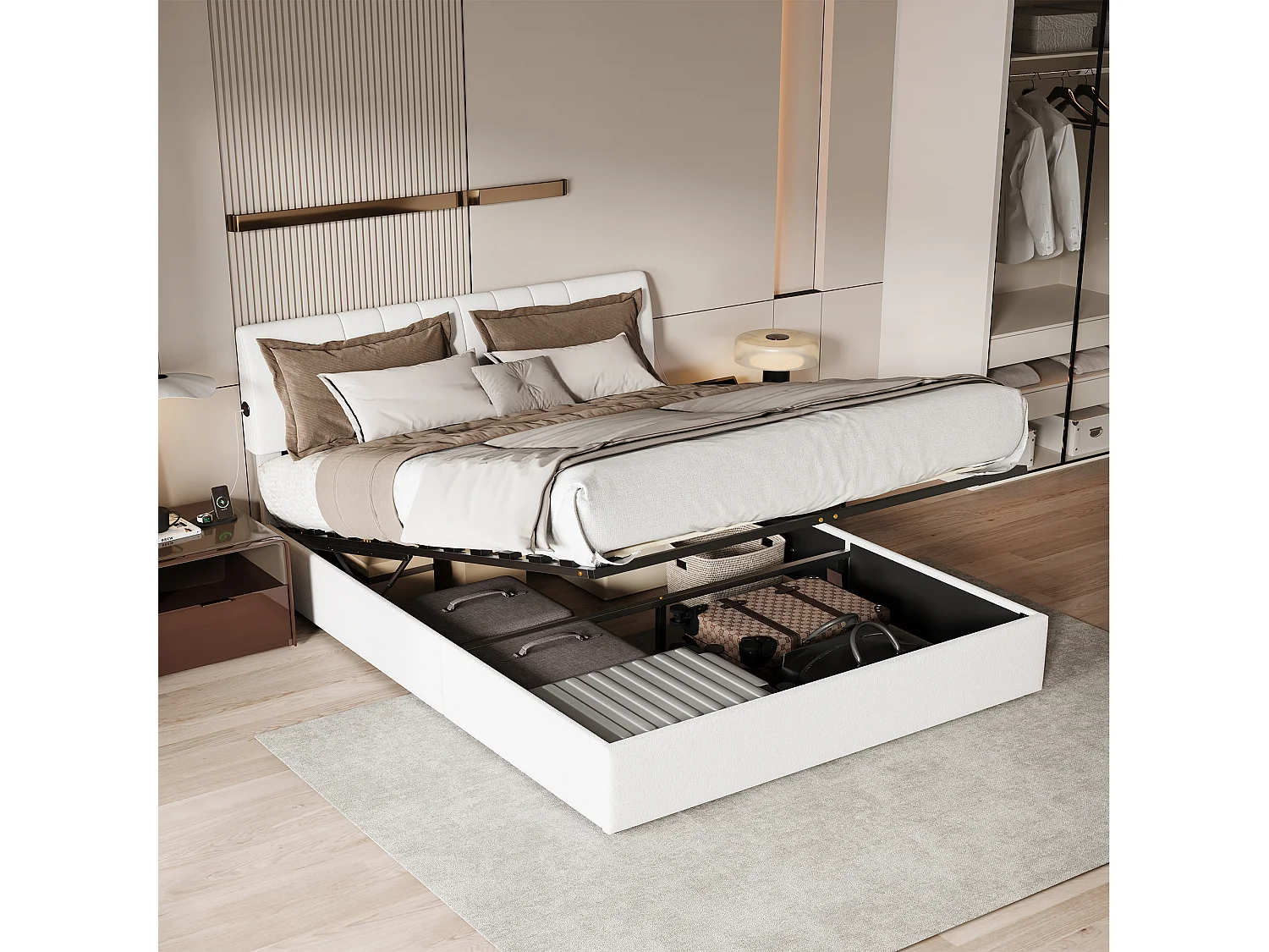 140×190 cm wandbed met verstelbaar hoofdeinde, USB-C & USB-poorten, geïntegreerde opbergruimte – Gebroken witte teddystof