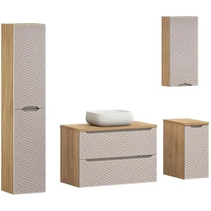 Badkamer YOKA beige: onderkast + wastafelblad + wastafel + opbergkolom + 2 opbergmeubels