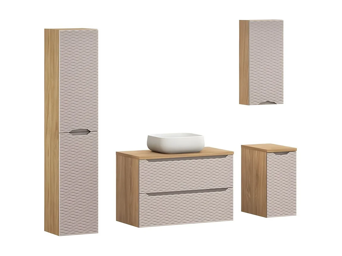 Badkamer YOKA beige: onderkast + wastafelblad + wastafel + opbergkolom + 2 opbergmeubels
