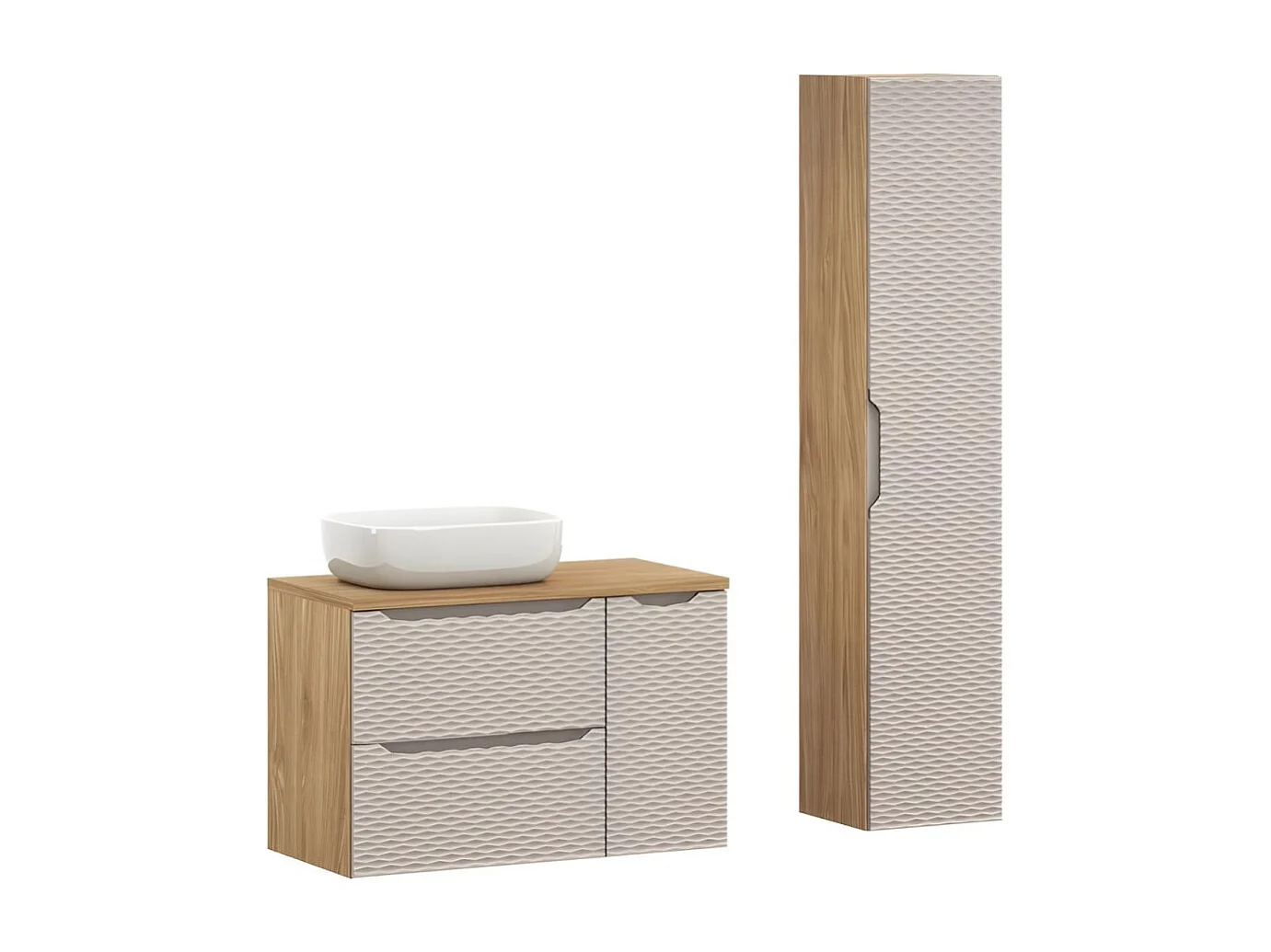 Badkamerset YOKA beige: onderkast 90 cm + blad voor wastafel + opbouwwastafel + opbergkolom
