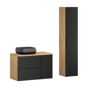 Badkamerset YOKA zwart: onderkastmeubel 90 cm + blad voor wastafel + opzetwastafel + opbergkolom
