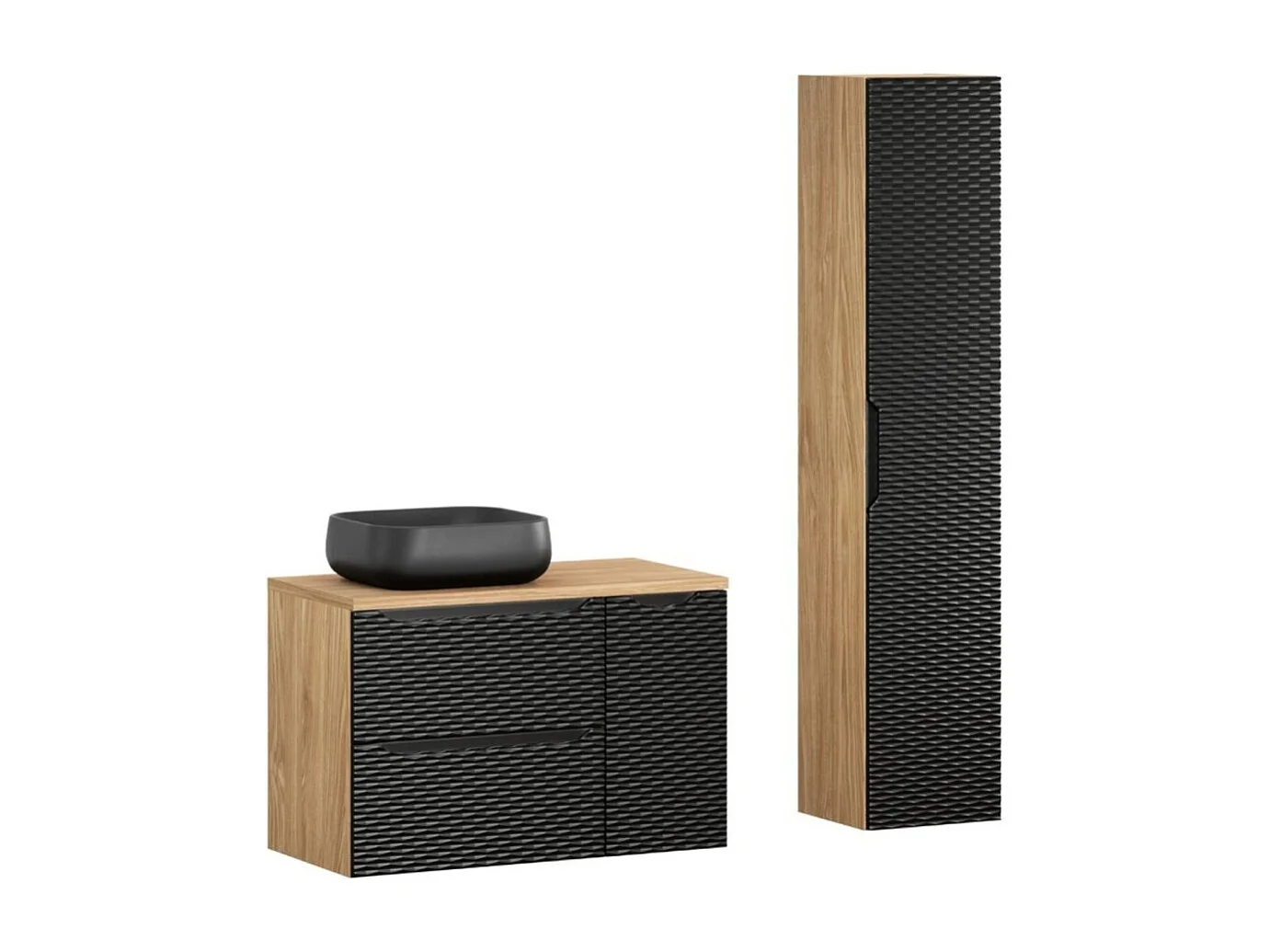 Badkamerset YOKA zwart: onderkastmeubel 90 cm + blad voor wastafel + opzetwastafel + opbergkolom