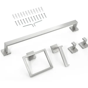 Badkamer Accessoires SucceBuy in Geborsteld Nikkel 5PCs, Wand Handdoekhouder van RVS 59,8 cm met Vierkante Handdoek Steunen, 2 Haken voor Badjas Badkamer Accessoires SucceBuy in Geborsteld Nikkel 5PCs, Wand Handdoekhouder van RVS 59,8 cm met Vierkante Handdoek Steunen, 2 Haken voor Badjas