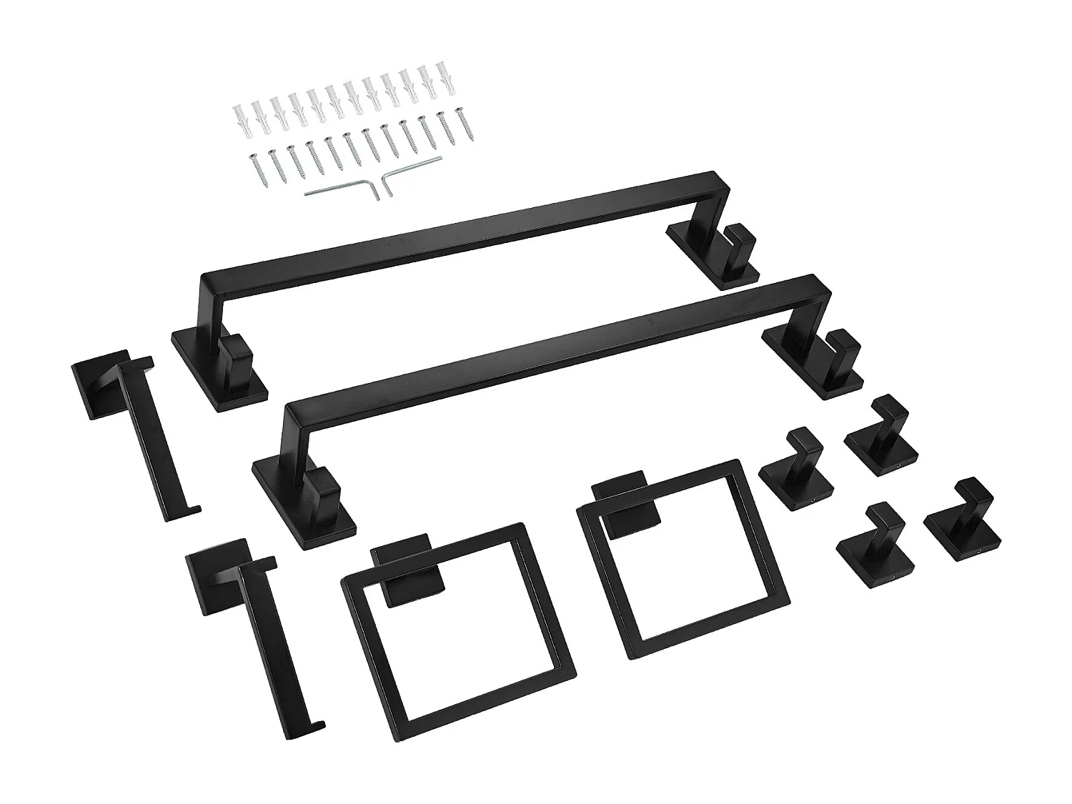 Badkamer Accessoires SucceBuy 10PCs, 2 Handdoekhouders van RVS 59,5 cm met 2 Vierkante Handdoek Steunen, 4 Haken voor Badjas, Zwart Mat