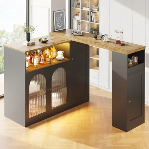 360° draaibaar barbuffet, 198 x 39,6 x 97 cm, zwart, houtnerf afwerking, glazen deur met LED-verlichting