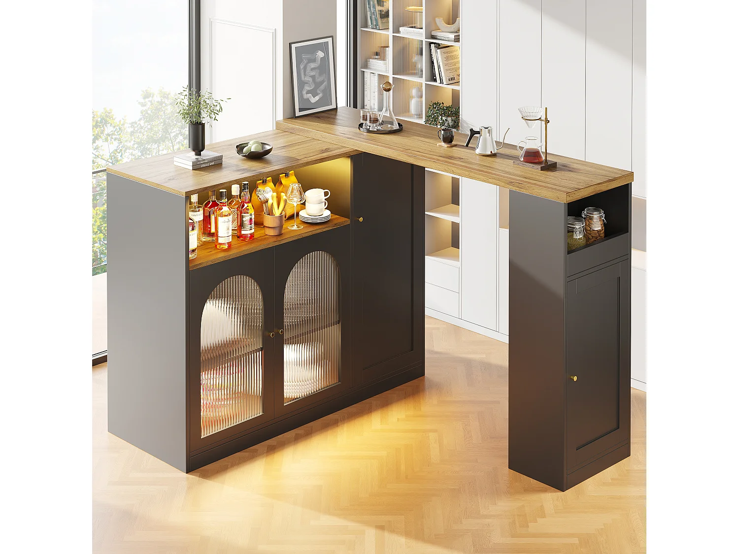 360° draaibaar barbuffet, 198 x 39,6 x 97 cm, zwart, houtnerf afwerking, glazen deur met LED-verlichting