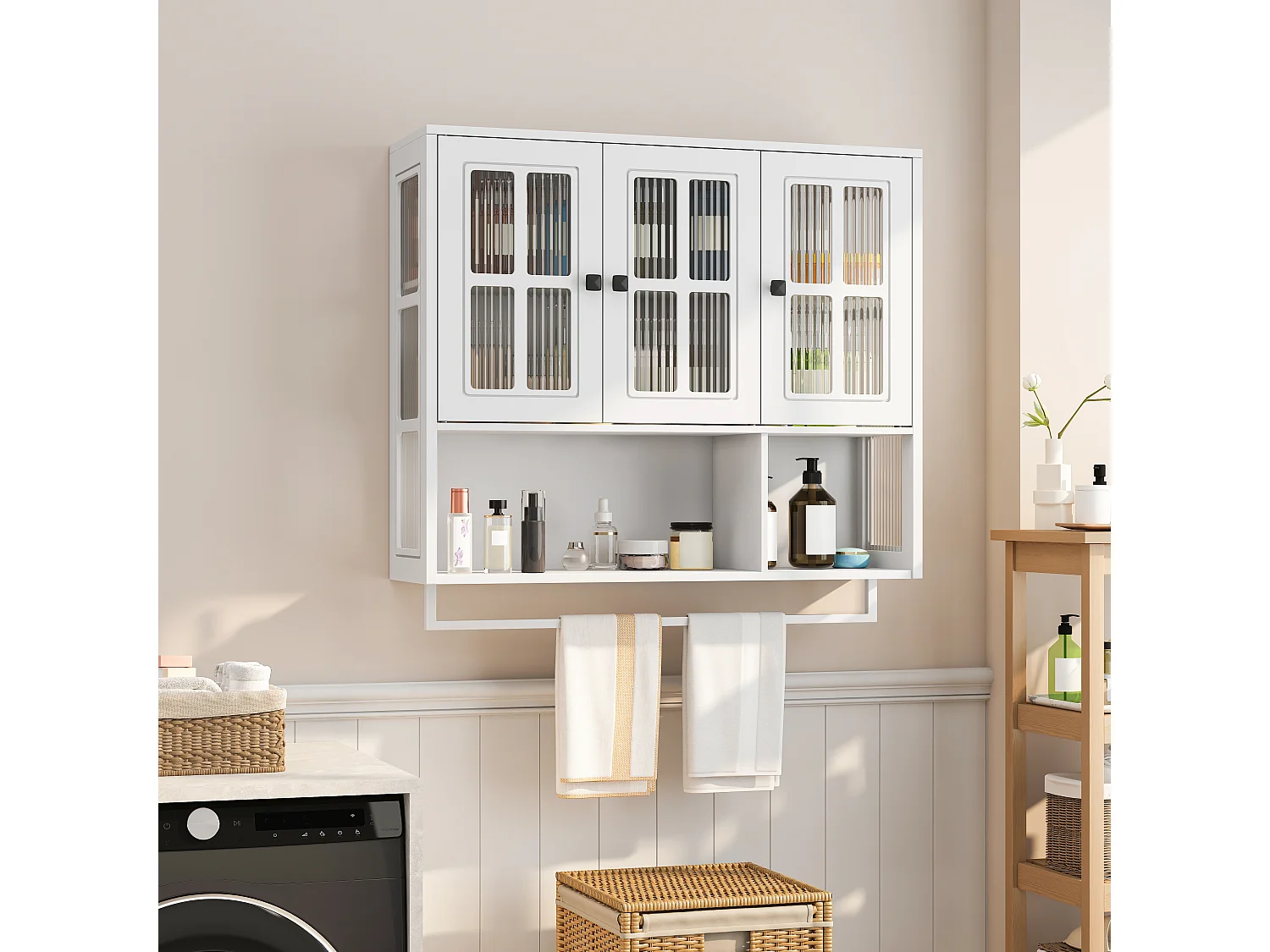 Badkamerwandkast, 3 deuren met open en verborgen opbergruimte, 88x26x69cm, Wit