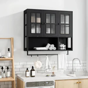 Badkamerkast, 3 deuren met open en verborgen opbergruimte, 88x26x69cm, Zwart Badkamerkast, 3 deuren met open en verborgen opbergruimte, 88x26x69cm, Zwart