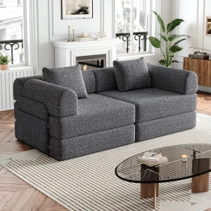 2-zitsbank, Omvormbare bank met armleuningen en zijzakken, metalen frame – Grijze chenille 2-zitsbank, Omvormbare bank met armleuningen en zijzakken, metalen frame – Grijze chenille