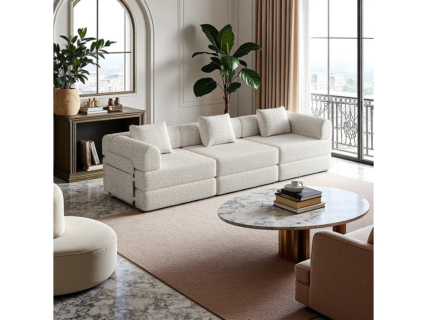 3-zitsbank, Omvormbare bank met armleuningen en zijzakken, metalen frame - Khaki chenille