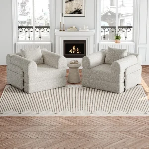 2-zitsbank, Omvormbare bank met armleuningen en zijzakken, metalen frame – Khaki chenille 2-zitsbank, Omvormbare bank met armleuningen en zijzakken, metalen frame – Khaki chenille