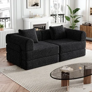 2-zitsbank, Omvormbare bank met armleuningen en zijzakken, metalen frame – Zwarte chenille 2-zitsbank, Omvormbare bank met armleuningen en zijzakken, metalen frame – Zwarte chenille