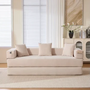 2-zitsbank, Omvormbare bank met zijvakken voor opbergruimte – Beige chenille 2-zitsbank, Omvormbare bank met zijvakken voor opbergruimte – Beige chenille