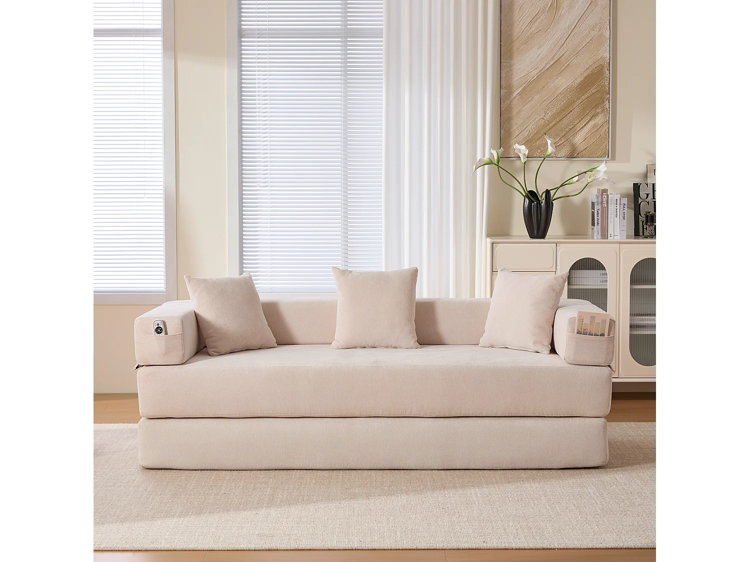 2-zitsbank, Omvormbare bank met zijvakken voor opbergruimte - Beige chenille