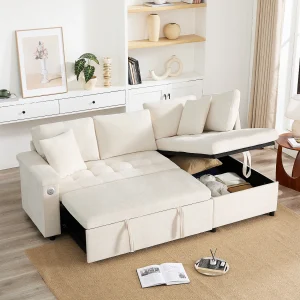 3-zitsbank, Slaapbank met USB-aansluitingen en opbergruimte, gestoffeerde rugleuning – Beige chenille 3-zitsbank, Slaapbank met USB-aansluitingen en opbergruimte, gestoffeerde rugleuning – Beige chenille