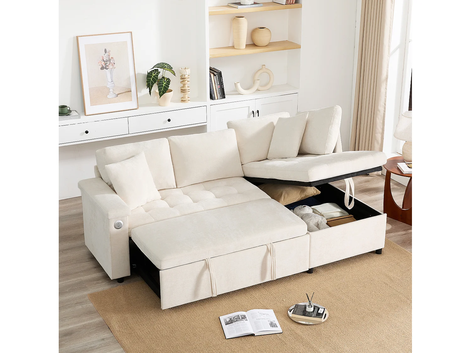 3-zitsbank, Slaapbank met USB-aansluitingen en opbergruimte, gestoffeerde rugleuning - Beige chenille