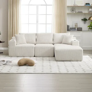 3-zitsbank, gestoffeerde bank met zijzakken en bekerhouders – Beige corduroy 3-zitsbank, gestoffeerde bank met zijzakken en bekerhouders – Beige corduroy