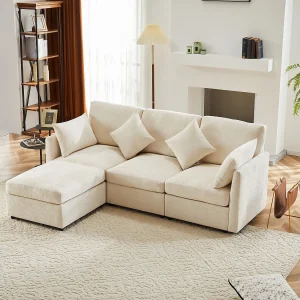 3-zitsbank, Chenille bank met gestoffeerde rugleuning en voetenbank – beige 3-zitsbank, Chenille bank met gestoffeerde rugleuning en voetenbank – beige