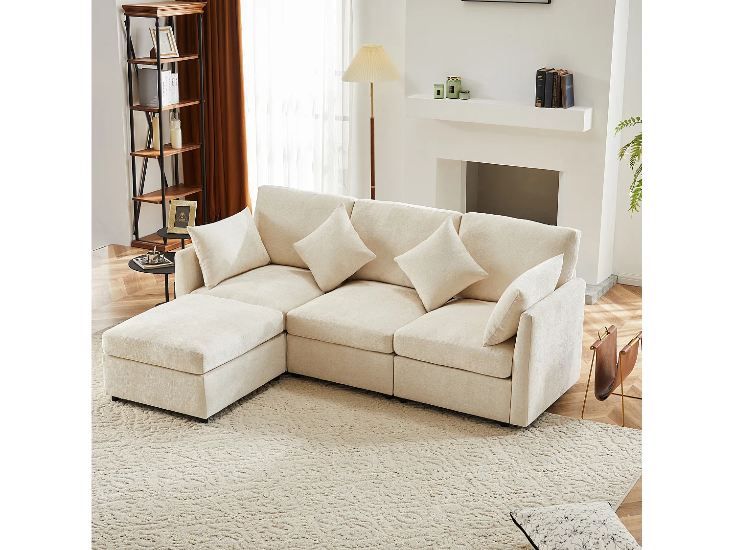 3-zitsbank, Chenille bank met gestoffeerde rugleuning en voetenbank - beige