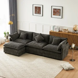 3-zitsbank, hoekbank met armleuningen en gestoffeerde rugleuning – Donkergrijs chenille – voor woonkamer 3-zitsbank, hoekbank met armleuningen en gestoffeerde rugleuning – Donkergrijs chenille – voor woonkamer
