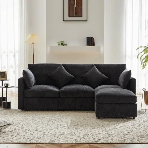 3-zitsbank, Chenille bank met gestoffeerde rugleuning en voetenbank – donkergrijs 3-zitsbank, Chenille bank met gestoffeerde rugleuning en voetenbank – donkergrijs