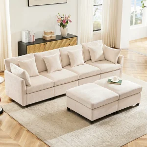 4-zitsbank, Chenille bank met gestoffeerde rugleuning en armleuningen, verplaatsbare voetenbank – beige 4-zitsbank, Chenille bank met gestoffeerde rugleuning en armleuningen, verplaatsbare voetenbank – beige