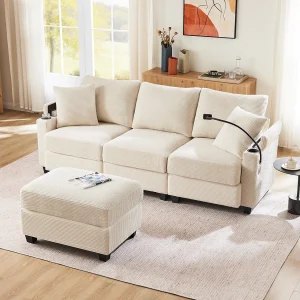 3-zitsbank, hoekbank met USB-aansluiting, telefoonhouder en bekerhouder – beige corduroy 3-zitsbank, hoekbank met USB-aansluiting, telefoonhouder en bekerhouder – beige corduroy