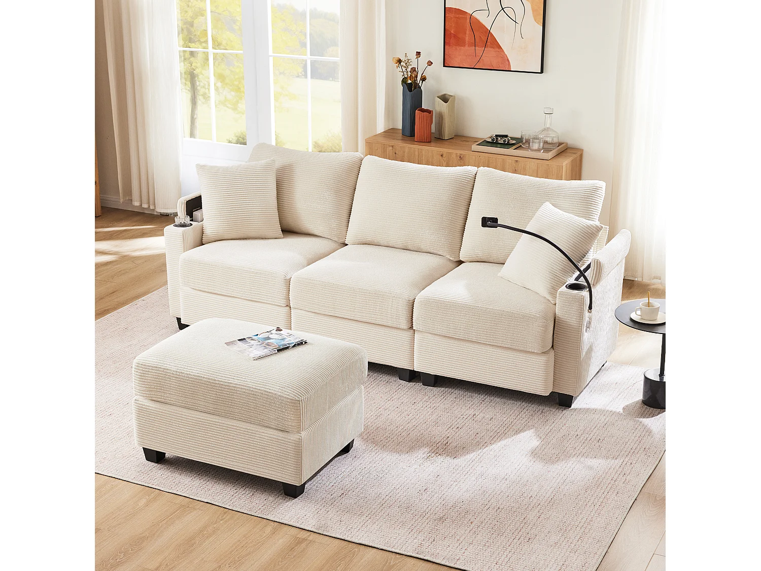 3-zitsbank, hoekbank met USB-aansluiting, telefoonhouder en bekerhouder - beige corduroy