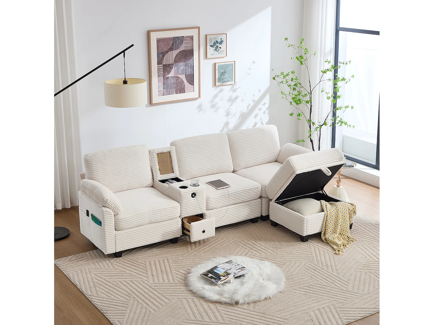 3-zitsbank, corduroy bank met opbergpoef, lades, 2 bekerhouders en USB-aansluiting - beige