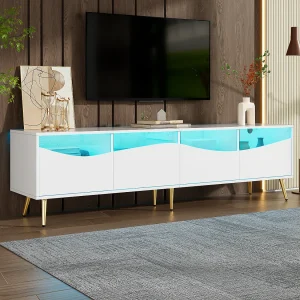 180cm tv-meubel, wit tv-meubel met 4 opberglades, ledverlichting en goudkleurige metalen poten 180cm tv-meubel, wit tv-meubel met 4 opberglades, ledverlichting en goudkleurige metalen poten
