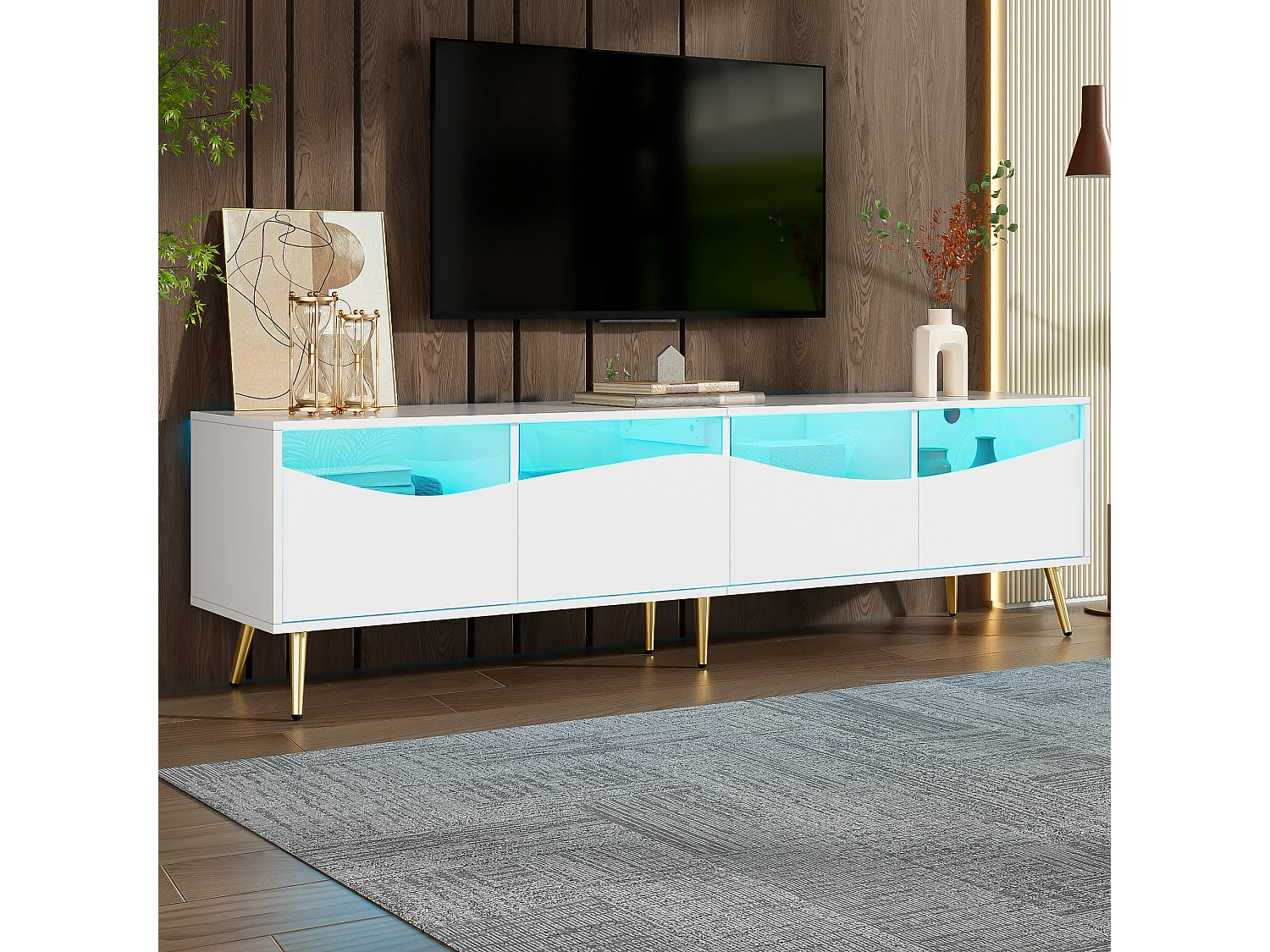 180cm tv-meubel, wit tv-meubel met 4 opberglades, ledverlichting en goudkleurige metalen poten