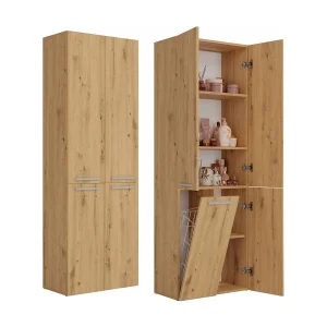 Badkamerkast Opbergkast Met 1 Wasmand Eiken – 60x30x174cm Badkamerkast Opbergkast Met 1 Wasmand Eiken – 60x30x174cm