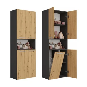 Badkamerkast Opbergkast Met 1 Wasmand Antraciet Eiken – 60x30x174cm Badkamerkast Opbergkast Met 1 Wasmand Antraciet Eiken – 60x30x174cm