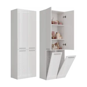 Badkamerkast Met 2 Wasmanden Wit – 60x30x174cm Badkamerkast Met 2 Wasmanden Wit – 60x30x174cm