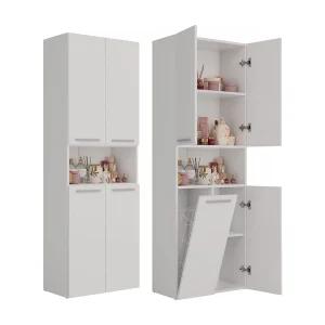Badkamerkast Opbergkast Met 1 Wasmand Wit – 60x30x174cm Badkamerkast Opbergkast Met 1 Wasmand Wit – 60x30x174cm