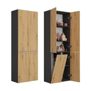 Badkamerkast Opbergkast Met 1 Wasmand Antraciet Eiken – 60x30x174cm Badkamerkast Opbergkast Met 1 Wasmand Antraciet Eiken – 60x30x174cm