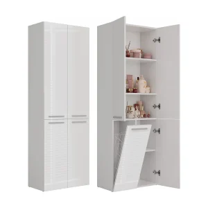 Badkamerkast Opbergkast Met 1 Wasmand Wit – 60x30x174cm Badkamerkast Opbergkast Met 1 Wasmand Wit – 60x30x174cm