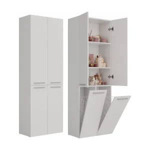 Badkamerkast Met 2 Wasmanden Wit – 60x30x174cm Badkamerkast Met 2 Wasmanden Wit – 60x30x174cm