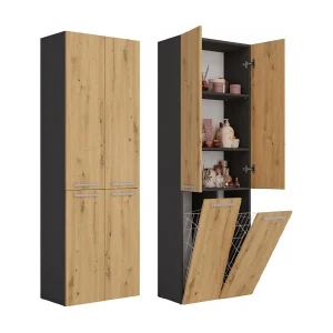 Badkamerkast Met 2 Wasmanden Antraciet Eiken – 60x30x174cm Badkamerkast Met 2 Wasmanden Antraciet Eiken – 60x30x174cm