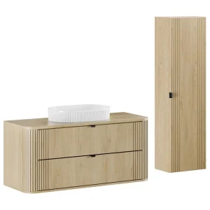 Badkamerset KORI: onderkast 120cm + blad voor wastafel + opzetwastafel + opbergkolom