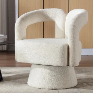 360° draaibare fauteuil in beige teddystof – dubbele boogrugleuning en modern design 360° draaibare fauteuil in beige teddystof – dubbele boogrugleuning en modern design
