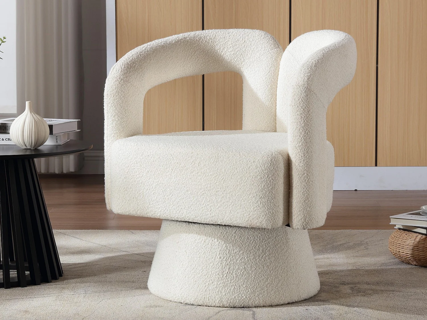 360° draaibare fauteuil in beige teddystof – dubbele boogrugleuning en modern design