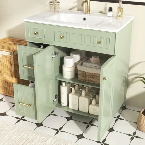 Badkamermeubel met keramische wastafel – 81,7 x 46,8 x 90 cm – met 2 lades + 2 deuren – MDF – groen Badkamermeubel met keramische wastafel – 81,7 x 46,8 x 90 cm – met 2 lades + 2 deuren – MDF – groen